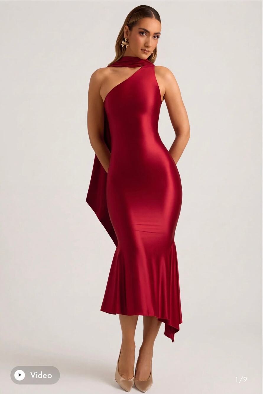 Oh Polly Shaya Asymmetric Scarf-Detail Midaxi Dress in True Red Size 2 New